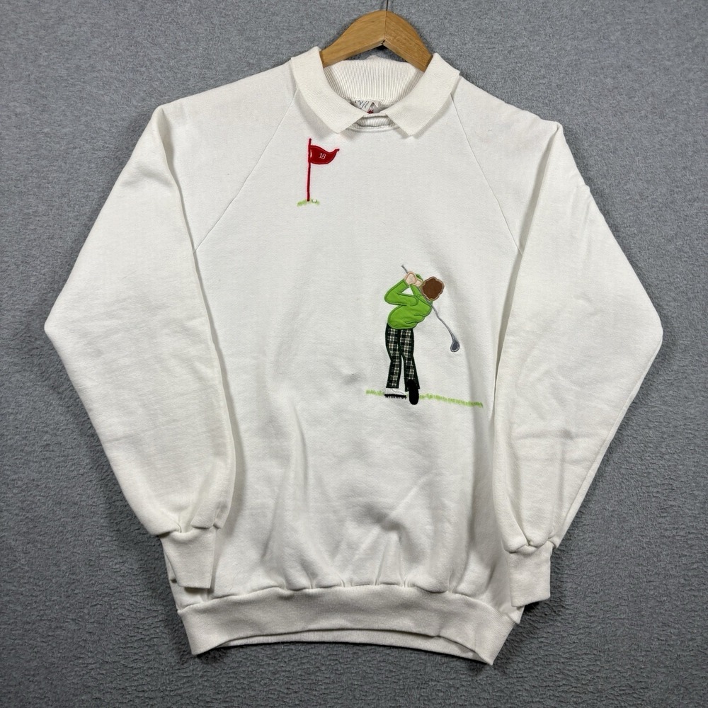 VTG 90s Jerzees Golf Collared Sweatshirt L White Embroidered USA Made Mens